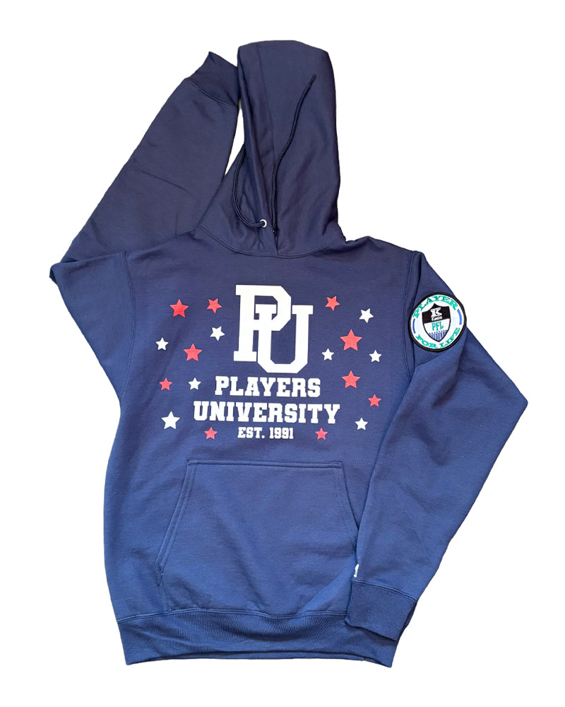 "PAY TREEOTIC" Navy Hoodie w/ White and Red Logo.