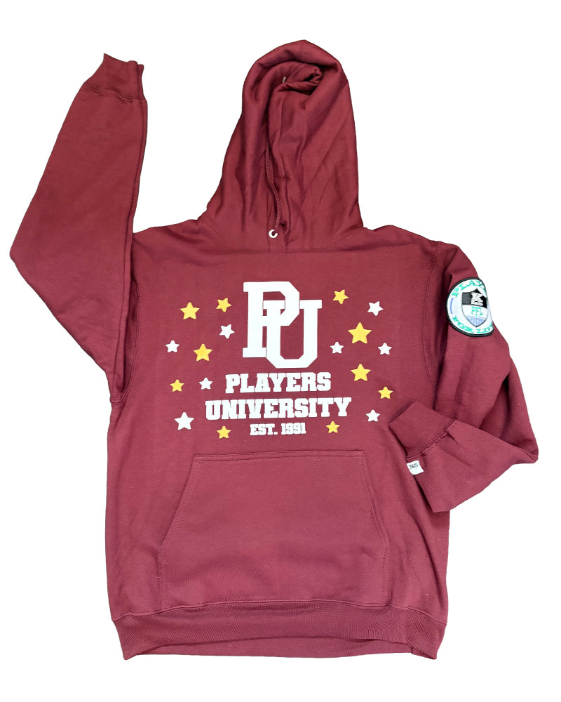 "SKIN IN DA GAME" Maroon Hoodie w/  White and Gold Logo.